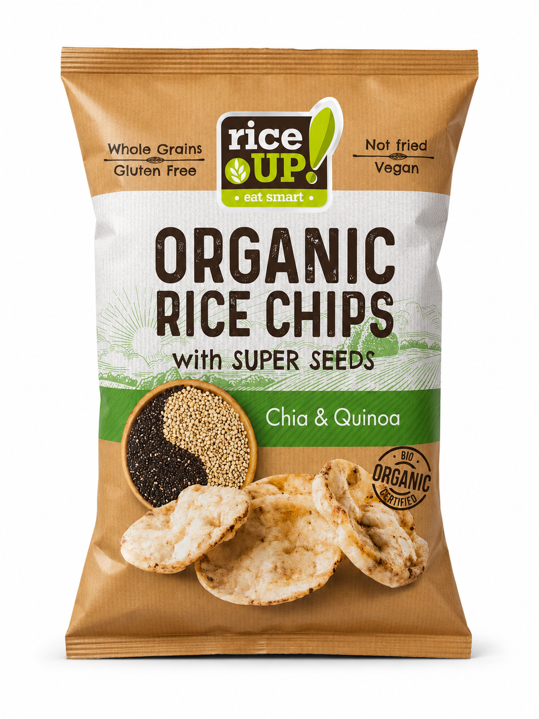 RICE UP TELJES KIŐRLÉSŰ BIO BARNA RIZS CHIPS CHIA MAGGAL ÉS QUINOÁVAL 25g